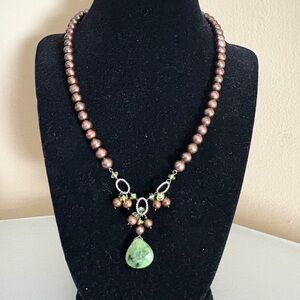 Varella Chocolate Fresh Water Pearl 18” Necklace, Green Faceted Pendant Sterling